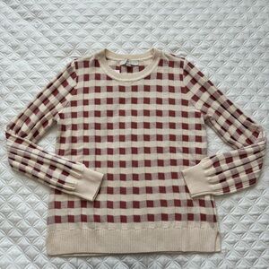 NWT LOFT Gingham Crewneck Pullover Long Sleeve Sweater Beige Rust - Size M
